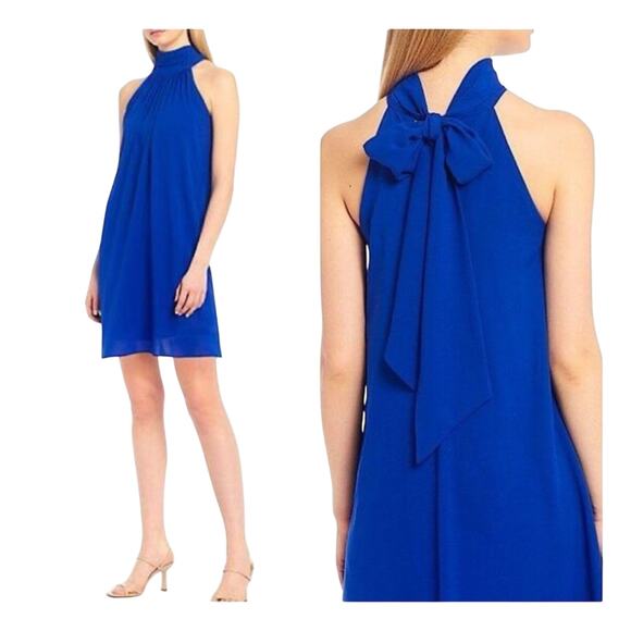 Badgley Mischka Elise Georgette Turtleneck Sleeveless Back Tie Mini Dress Size 2 - Picture 1 of 3